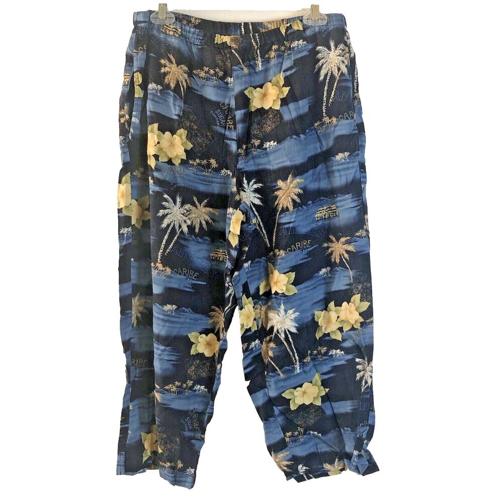 Island Traders Pants Sz Large Blue Rayon Tropical Beach Coastal Crop High Rise